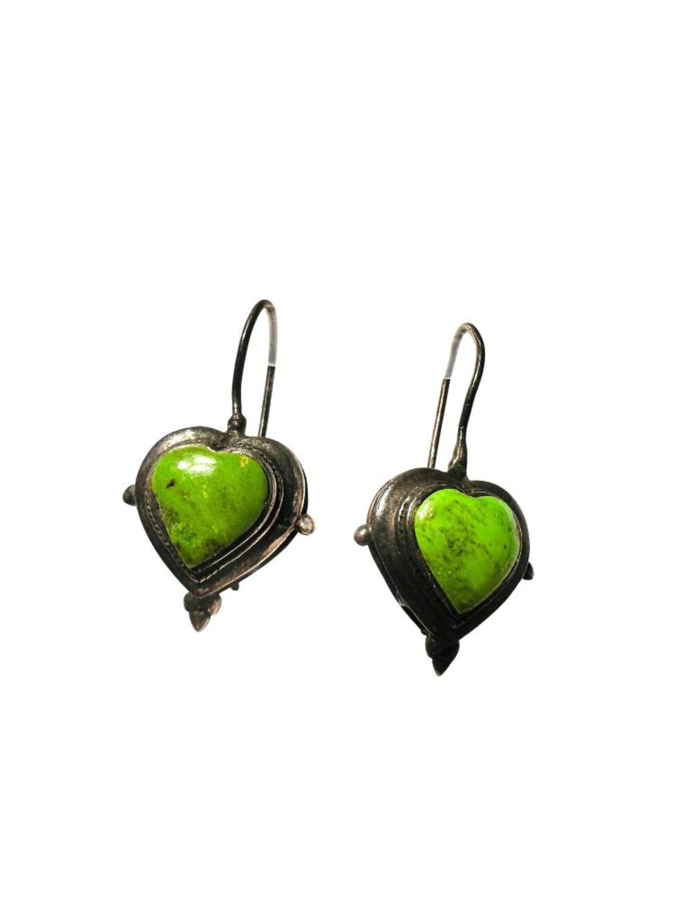 Heart-Shaped Lime Green Turquoise Earrings in Unmarked Silver Settings